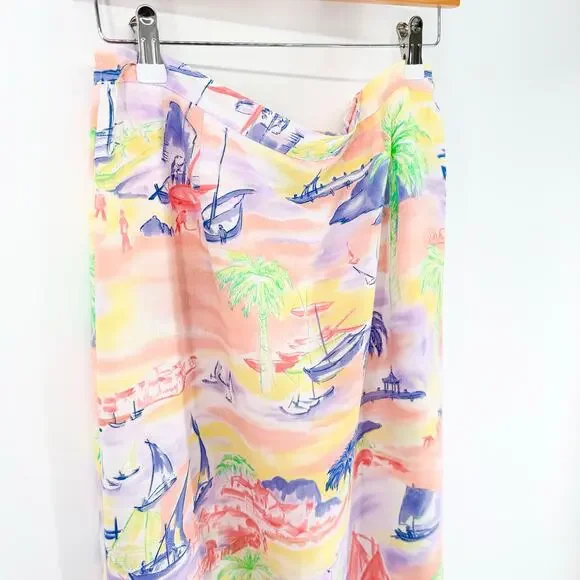 Vtg Bushwacker Brisas Island Watercolor Scenic Maxi Skirt Sz 12 Tropical Lined - Picture 10 of 13